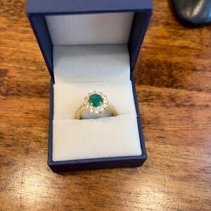 14k Gold Halo Diamond Ring with Natural Emerald Center Stone size 6.5